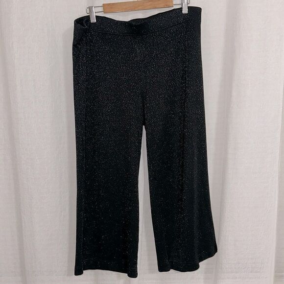 LOFT XL Black Silver Shimmery Metallic Ponte Knit Wide Leg Pull on Crop Pants - Picture 1 of 8